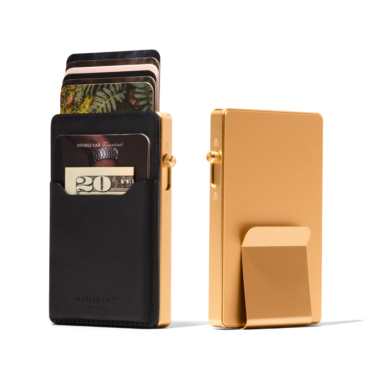 Front and rear views of a gold-coloured Double Oak cardholder with black leather, cards and a banknote on white.