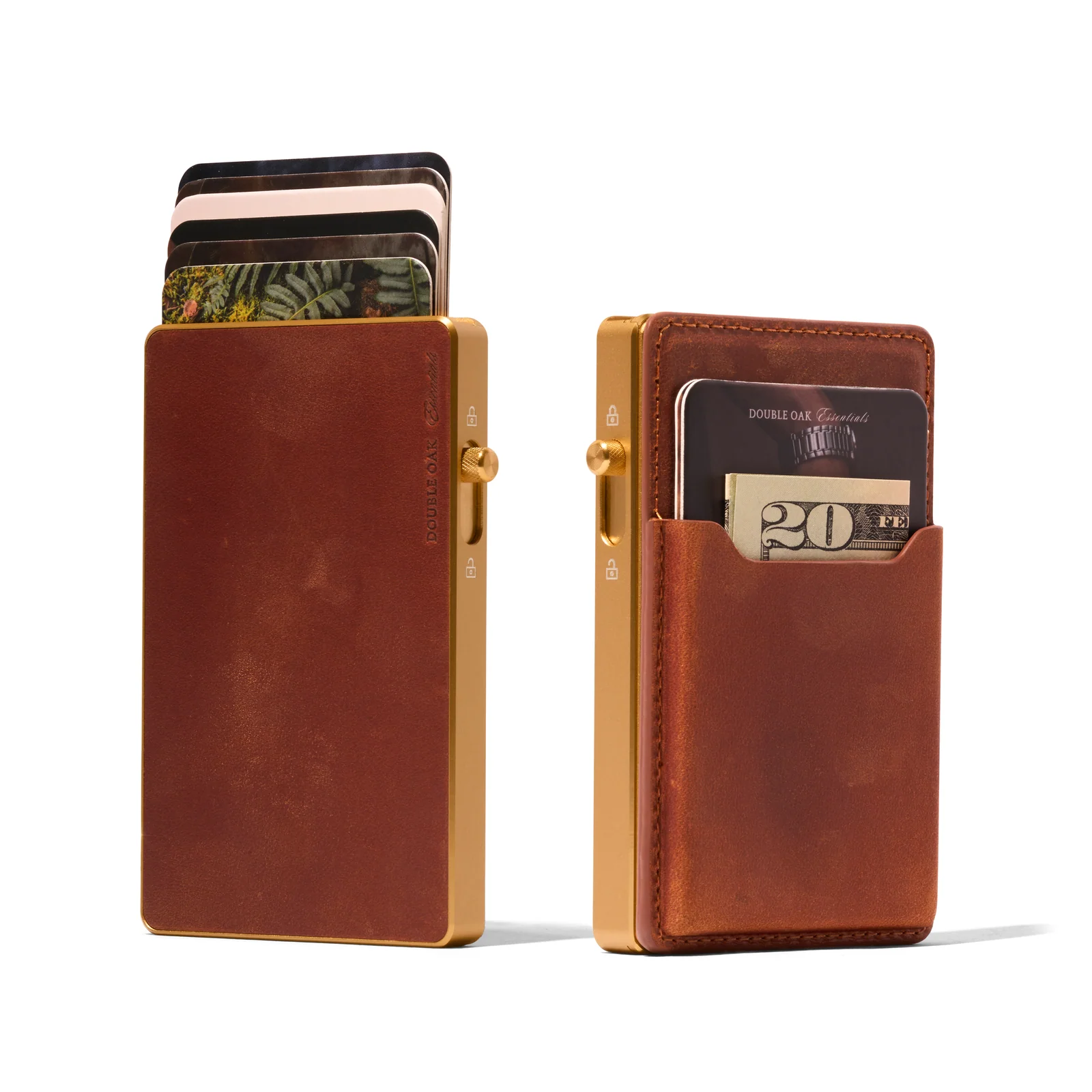 Brown leather Double Oak cardholders showing front and rear storage, with cards and a banknote on white.
