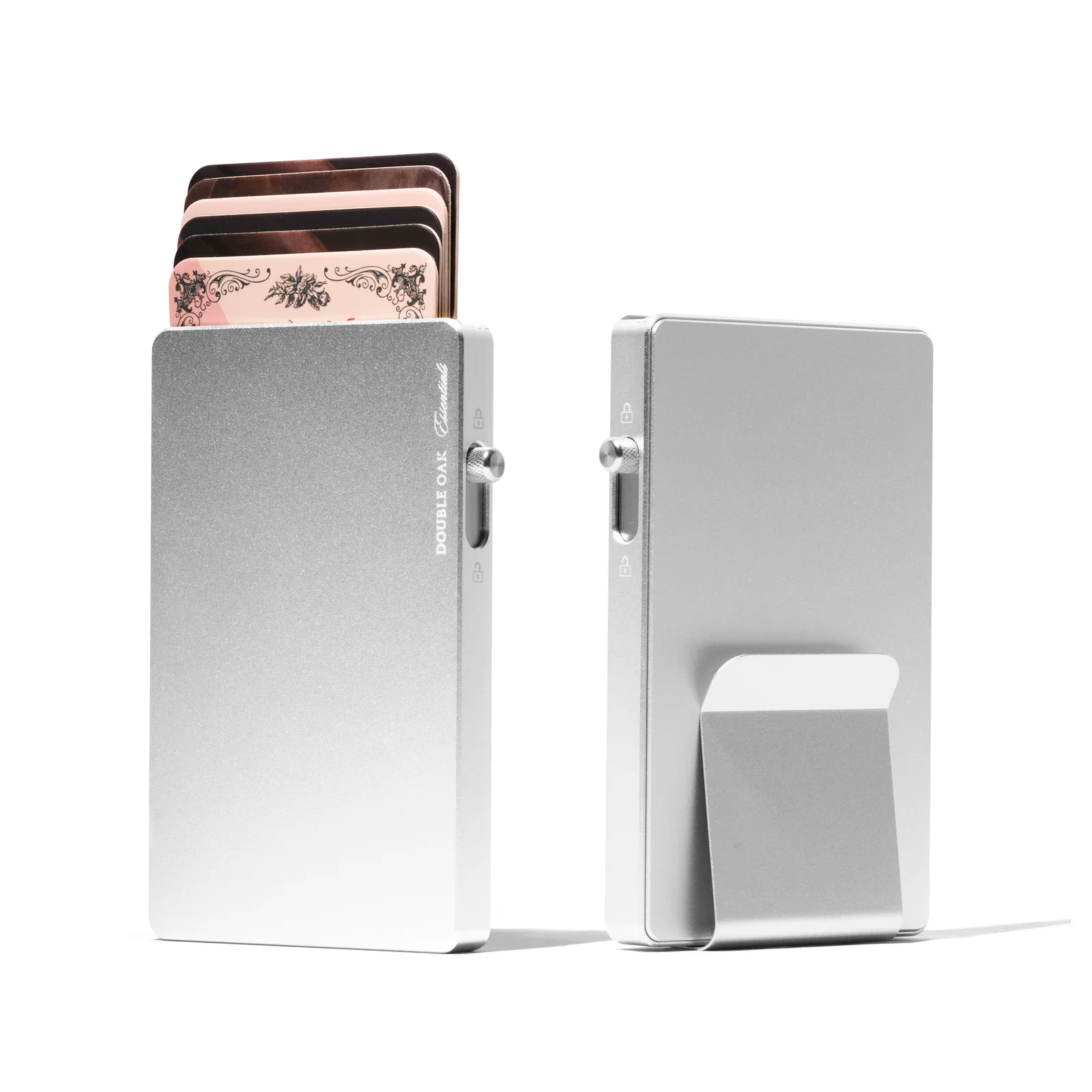 Front and rear views of a silver-coloured Double Oak cardholder with raised cards and a matching clip on white.