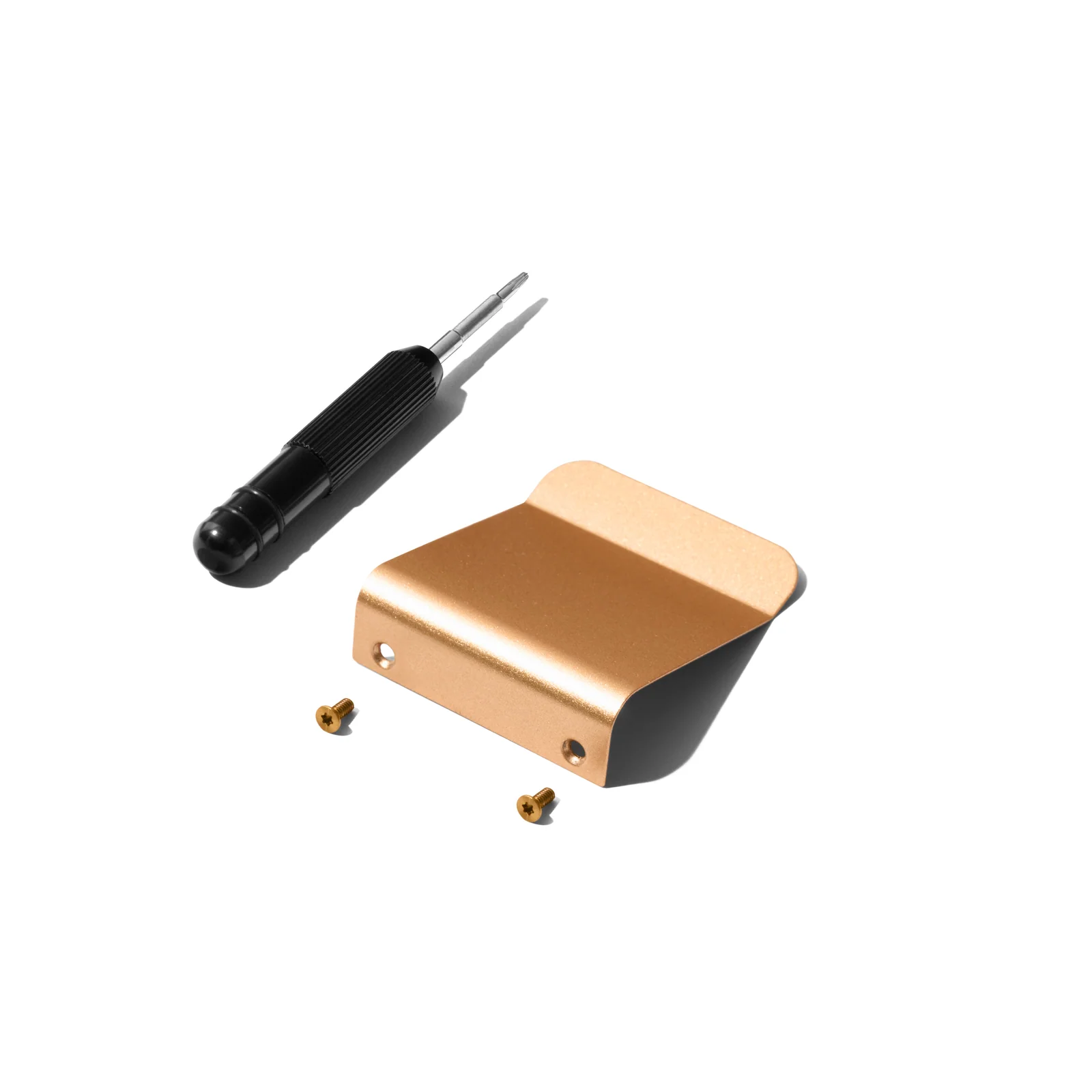 Gold-coloured Double Oak cardholder clip with two screws and a small screwdriver on white.