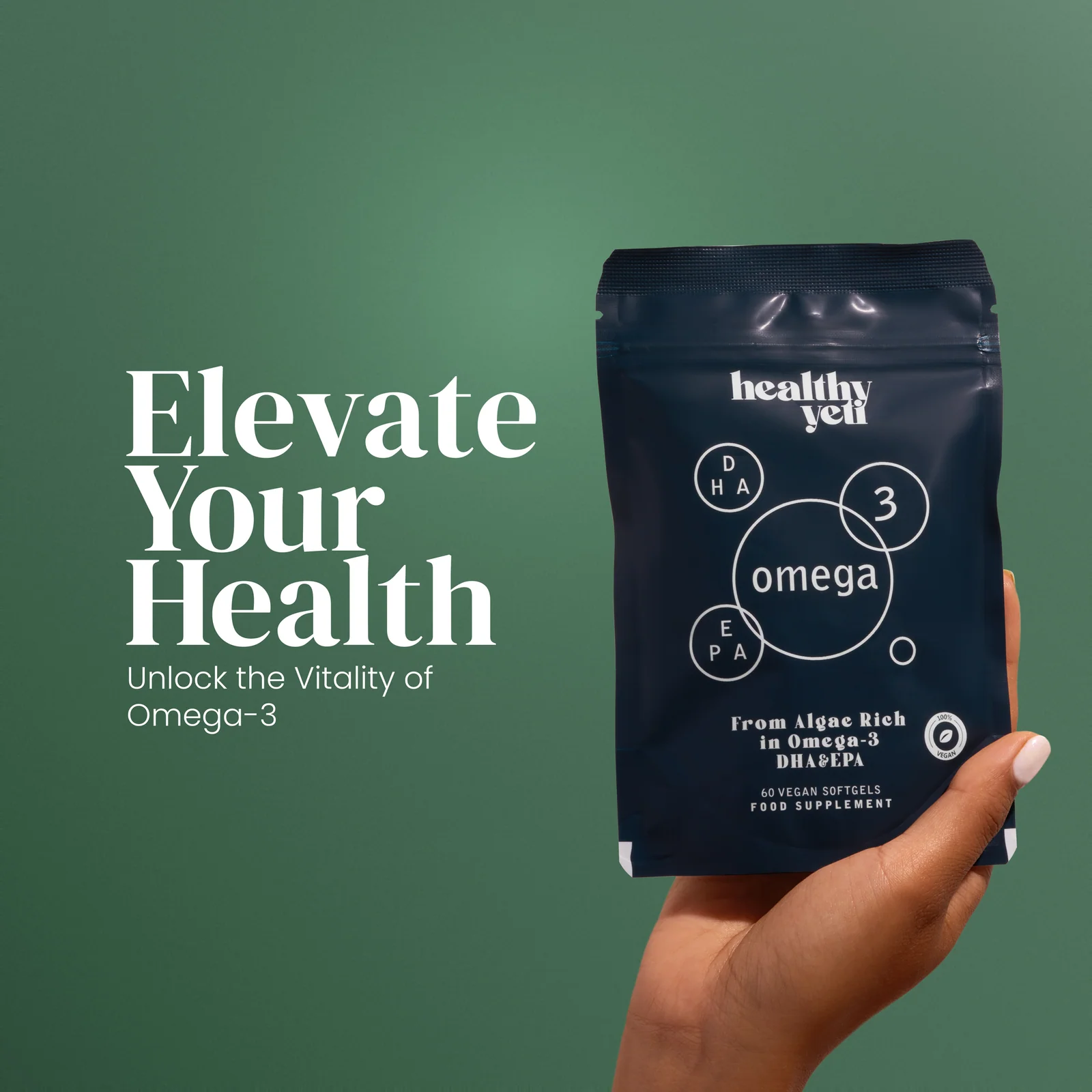 Hand holding a blue Healthy Yeti Omega 3 pouch against green, with the headline “Elevate Your Health”.
