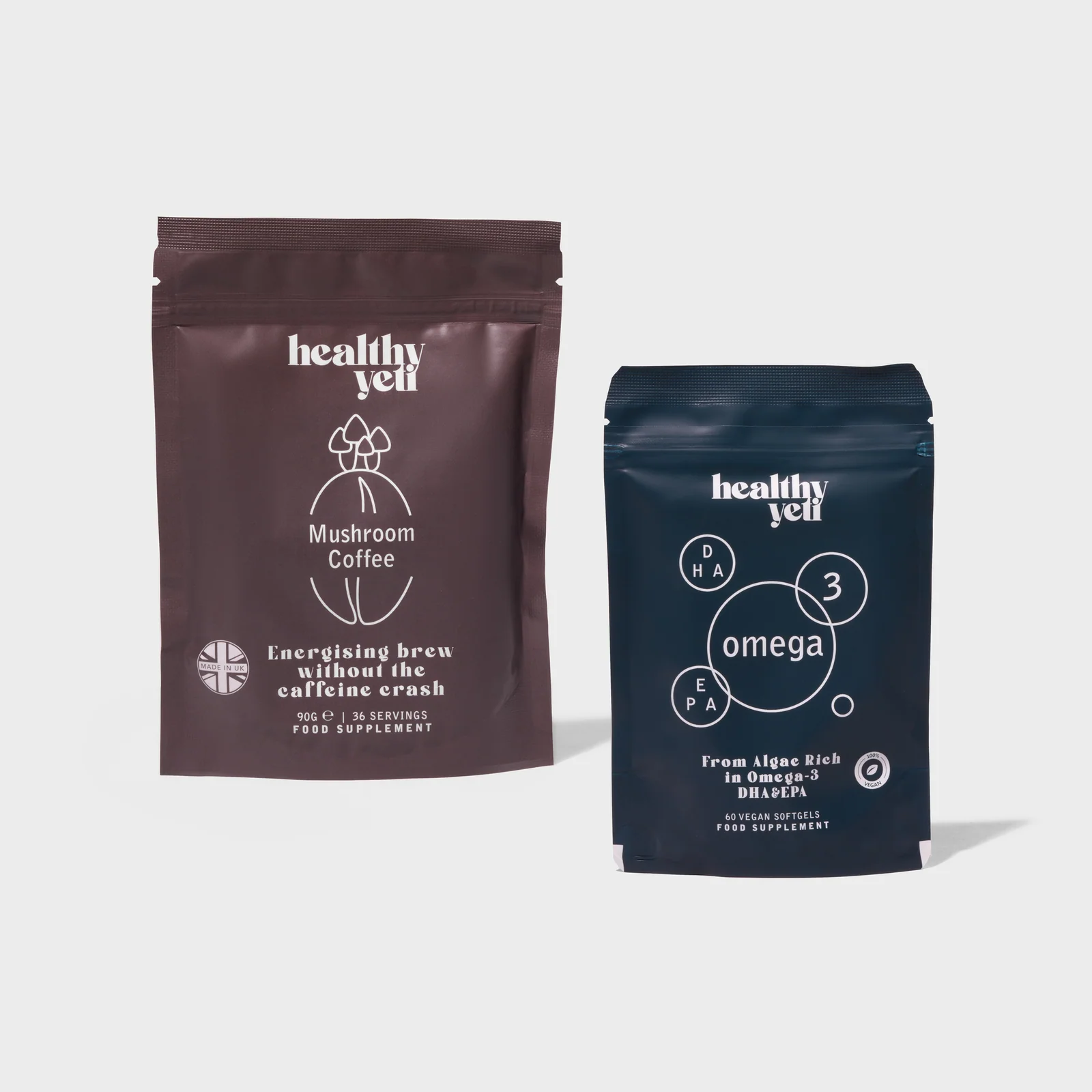 Healthy Yeti Mushroom Coffee and Omega 3 pouches side by side on a light background.