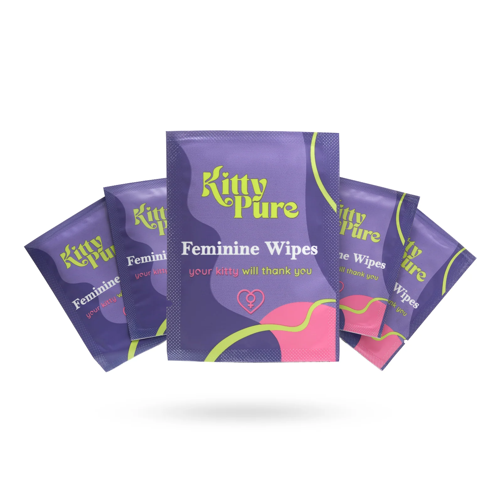 Five purple KittyPure Feminine Wipes sachets arranged in a fan against white.