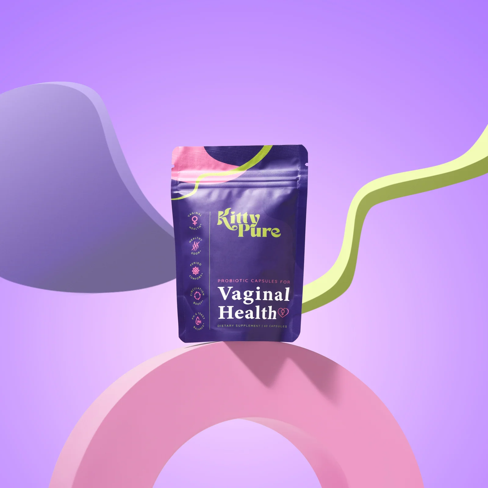 KittyPure Vaginal Health supplement pouch on a pink arch with curved green and lilac props against purple.
