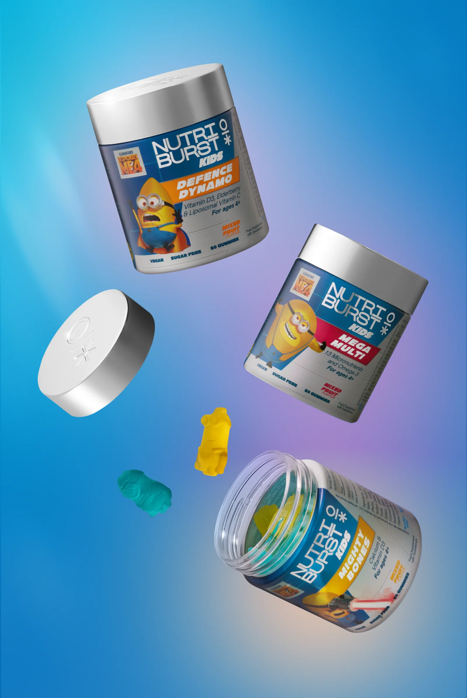Nutriburst Minions range with an open jar, lid and floating gummies against blue.
