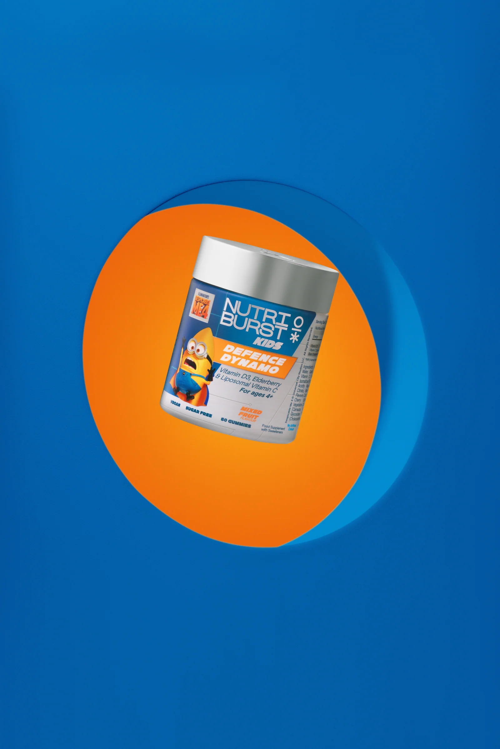 Angled Nutriburst Minions jar framed by an orange circle against blue.