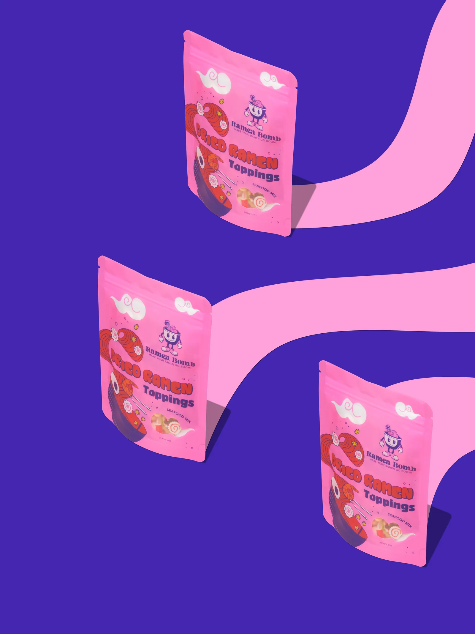 Three pink Ramen Bomb packets suspended beside flowing pink shapes against purple.