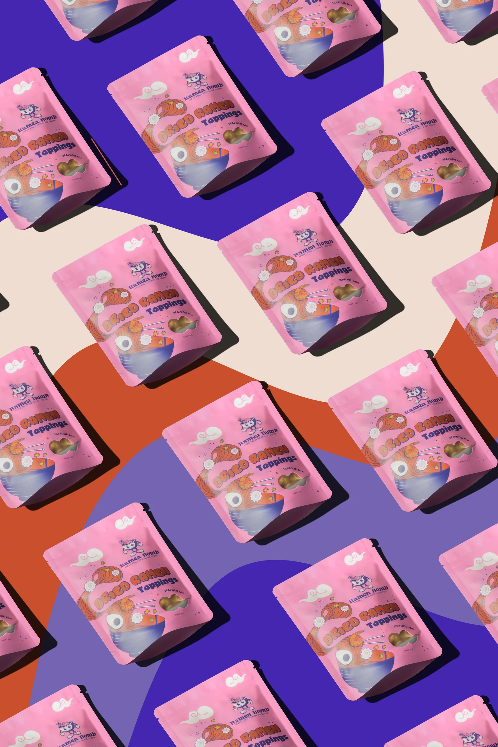 Pink Ramen Bomb packets arranged in a repeating pattern across purple, cream and orange shapes.