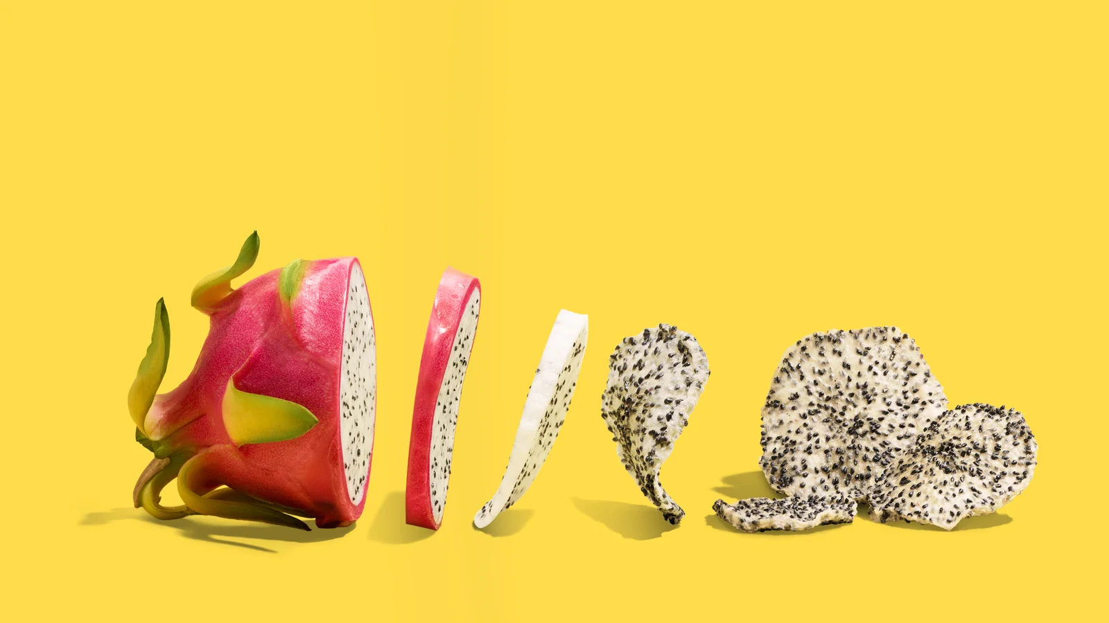 Fresh dragonfruit and slices arranged in a sequence leading to dried dragonfruit chips against yellow.