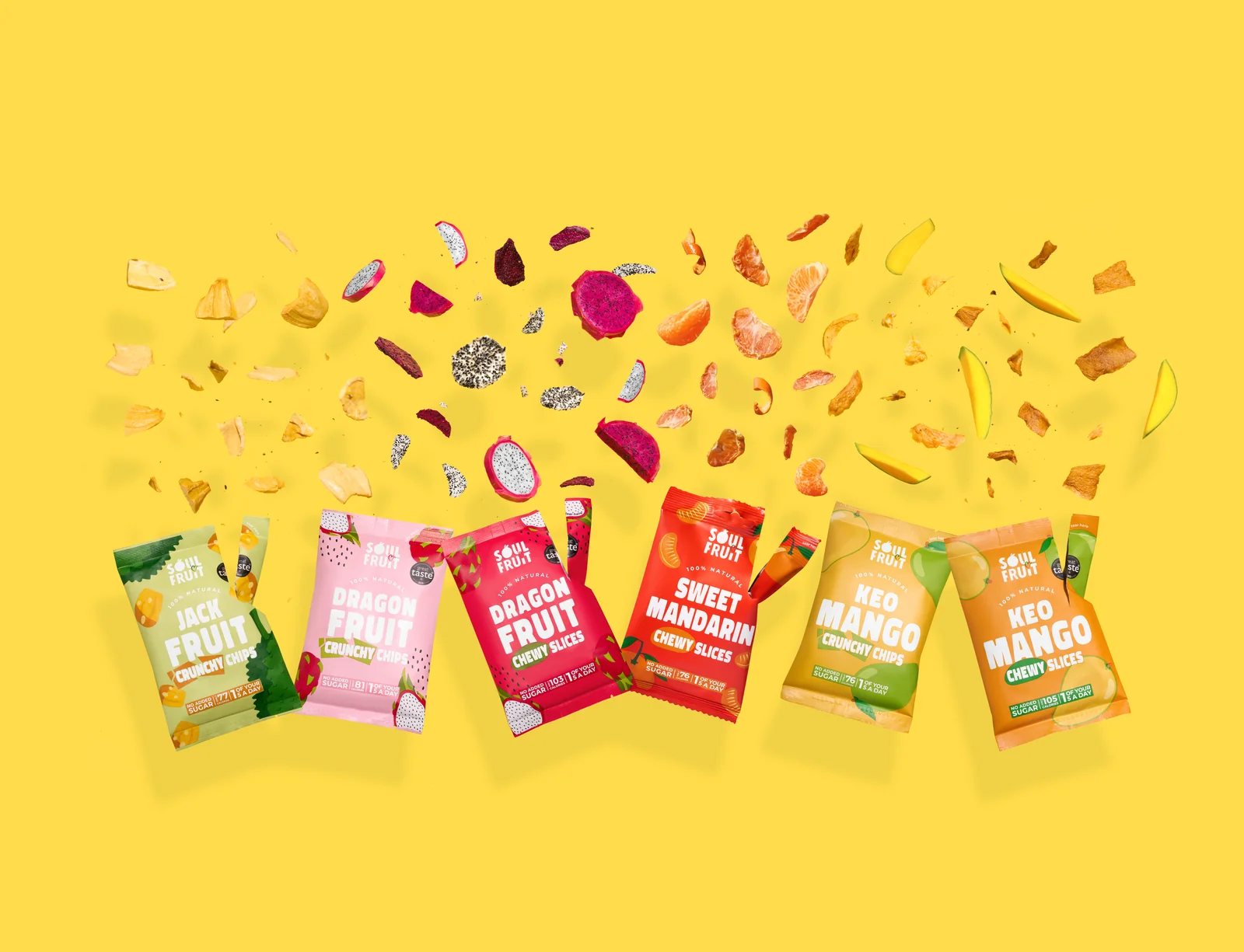 Colourful Soul Fruit snack packets with fruit pieces suspended across a yellow background.