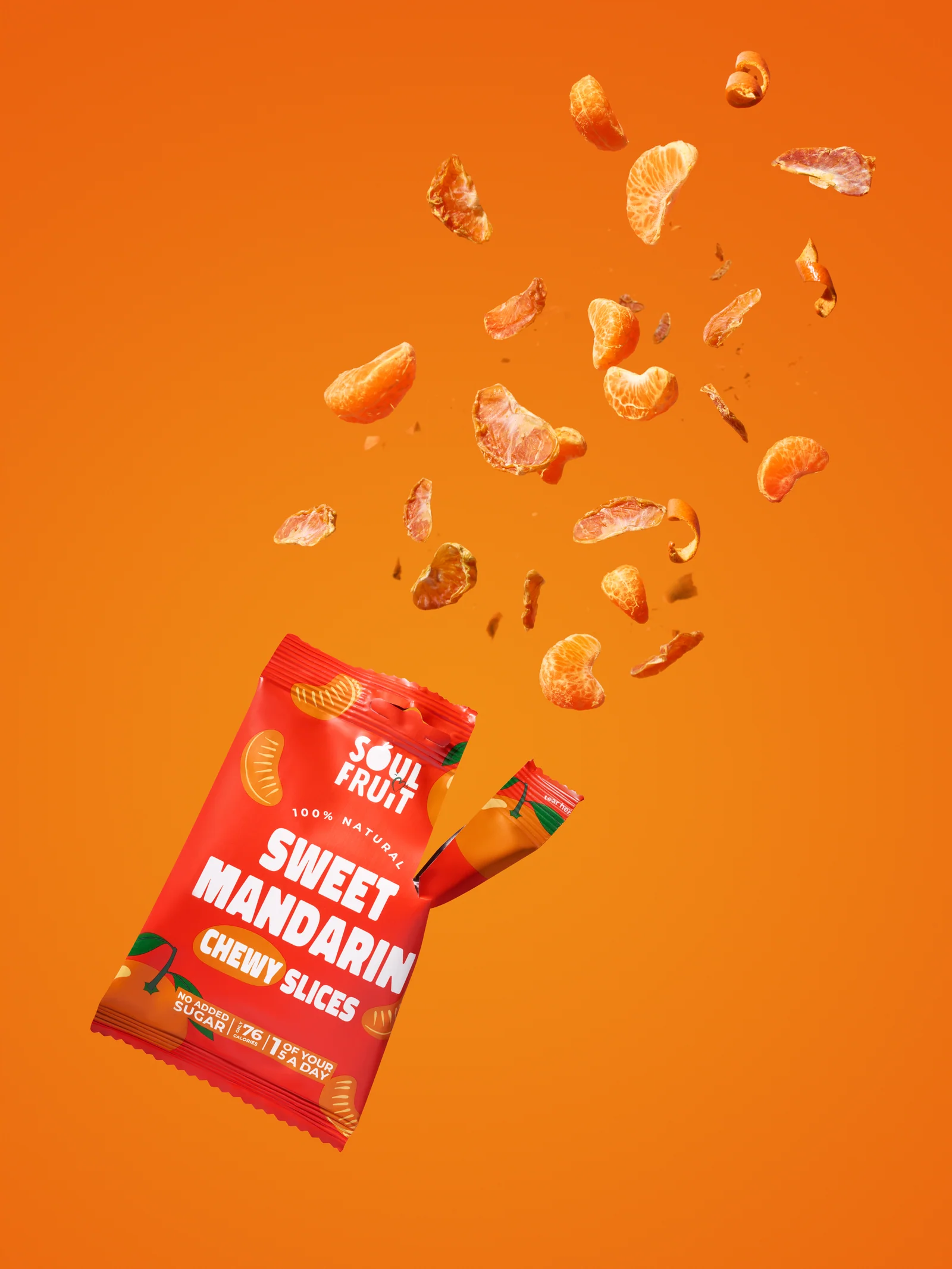 Open Soul Fruit Sweet Mandarin packet with fresh mandarin segments and dried slices bursting out against orange.