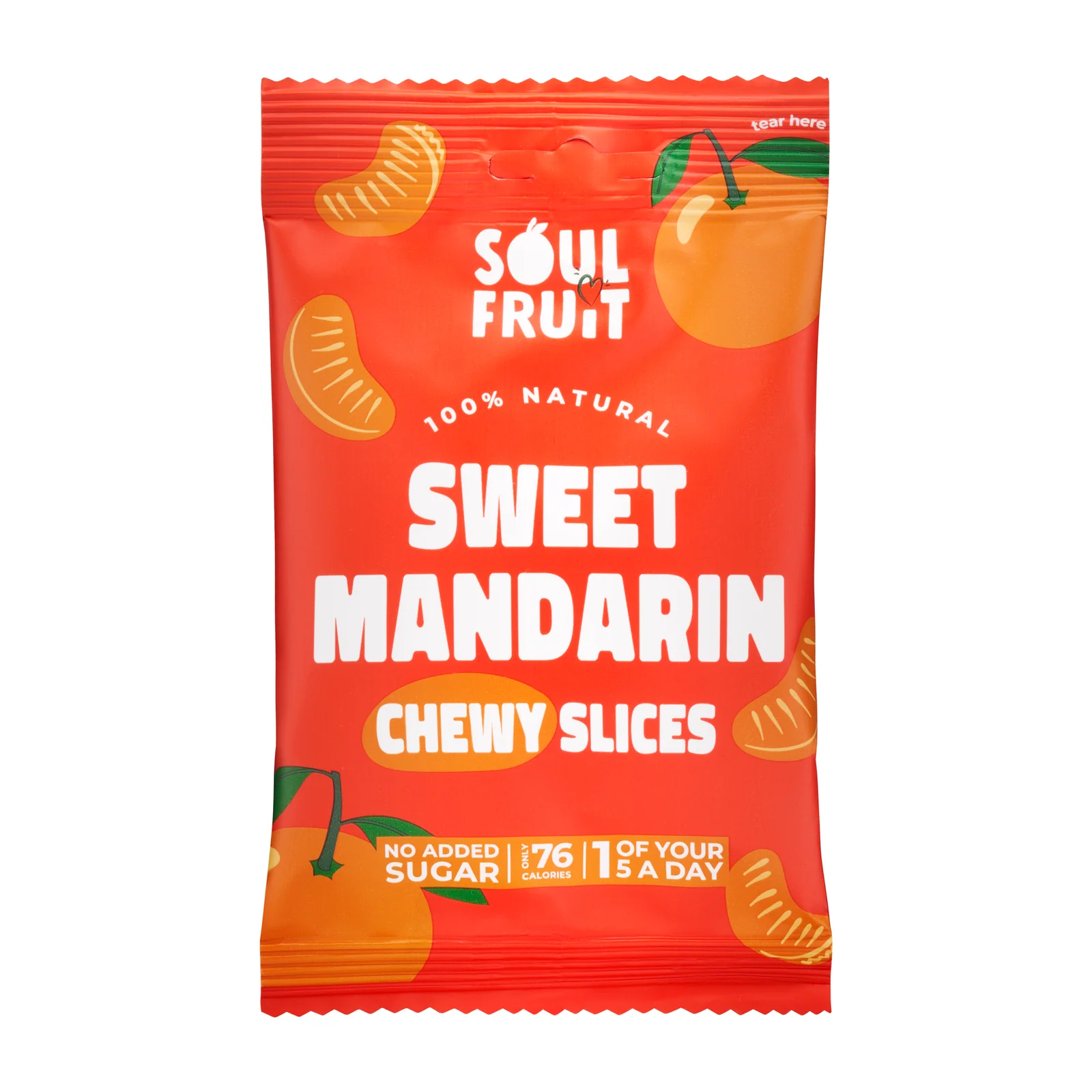 Front view of a Soul Fruit Sweet Mandarin Chewy Slices packet on a white background.