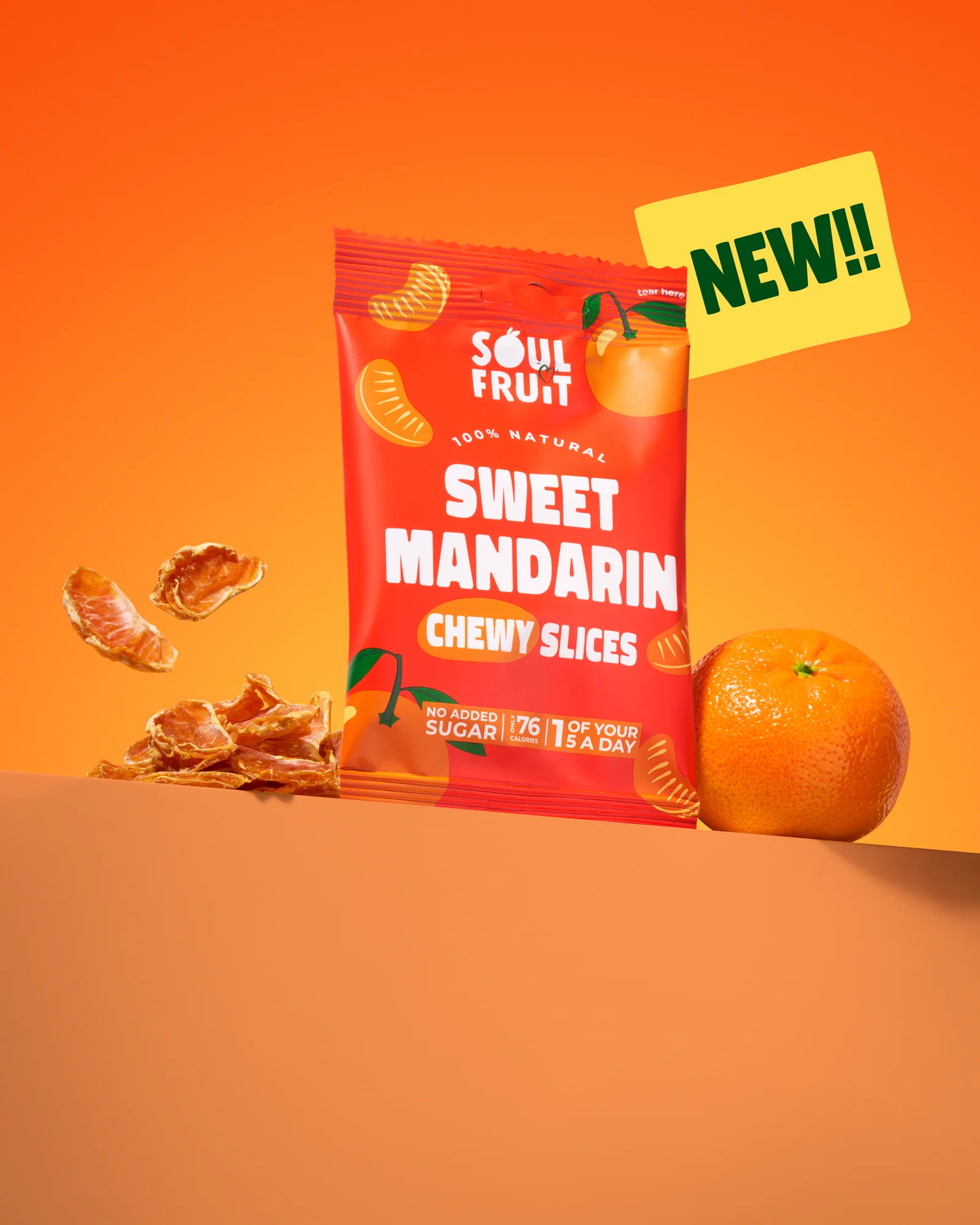 Soul Fruit Sweet Mandarin snack packet with mandarin pieces and a yellow NEW label against orange.