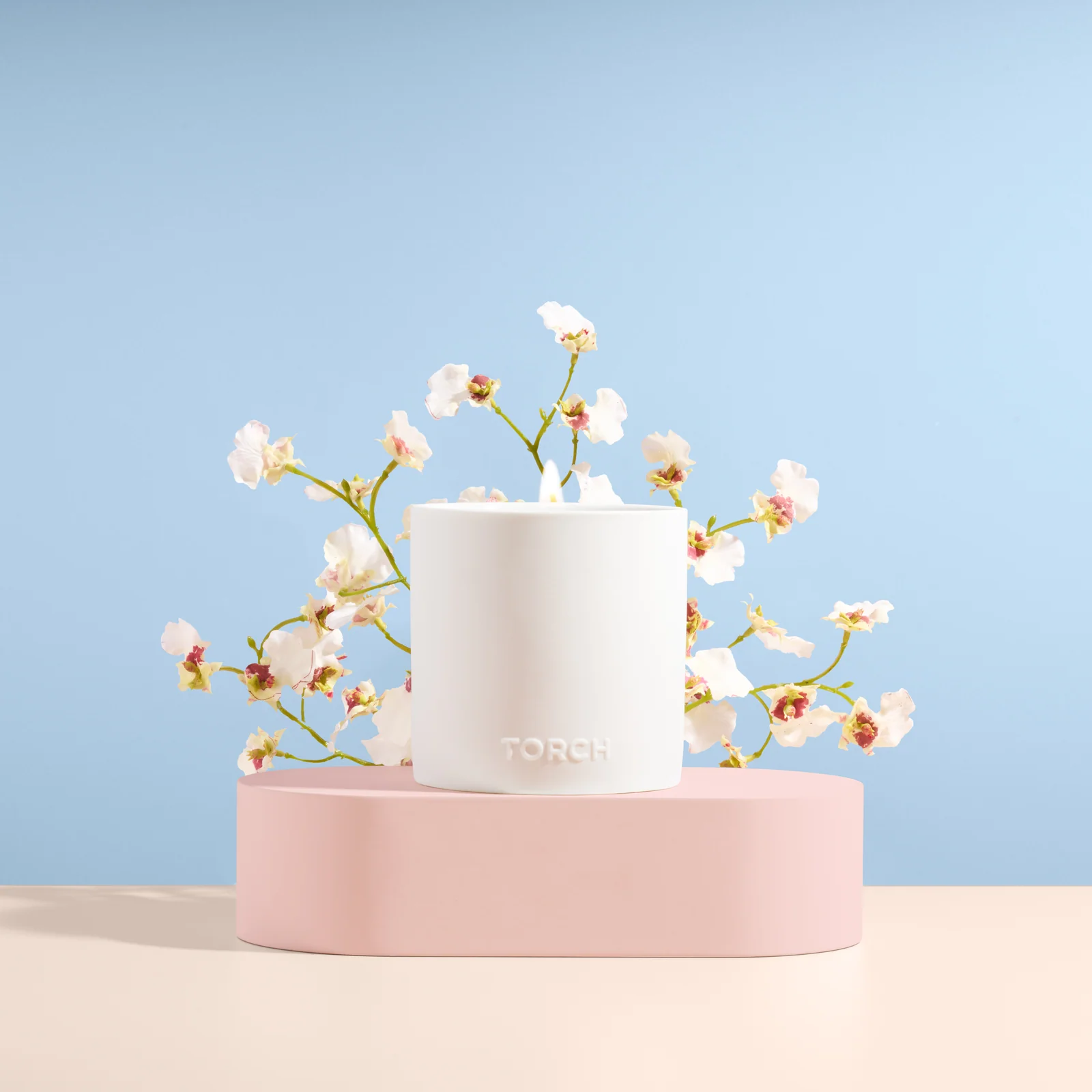 White Torch candle surrounded by flowering stems on a pink platform against pale blue.