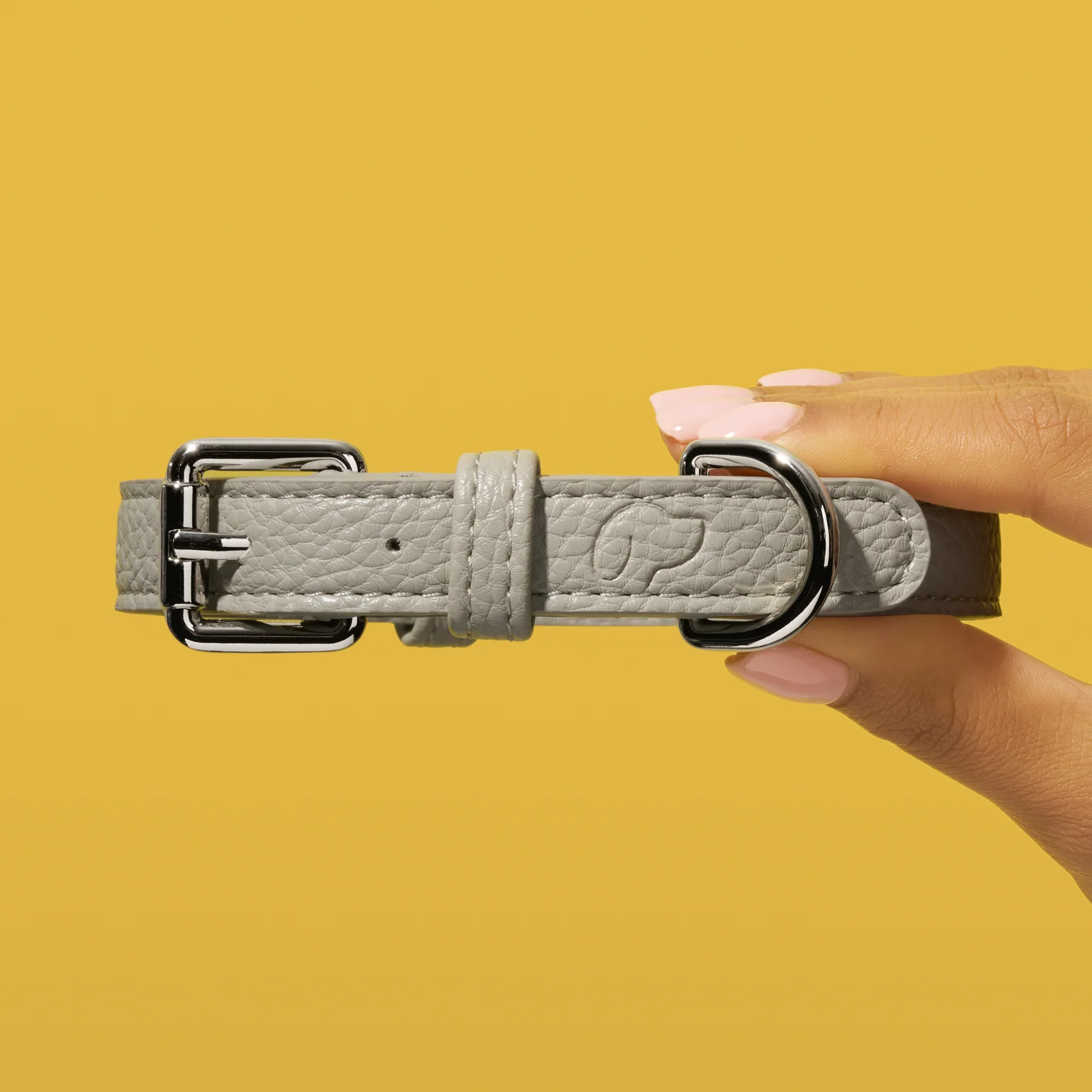 Hand holding a grey Truffle and Paw leather collar with silver-coloured fittings against yellow.