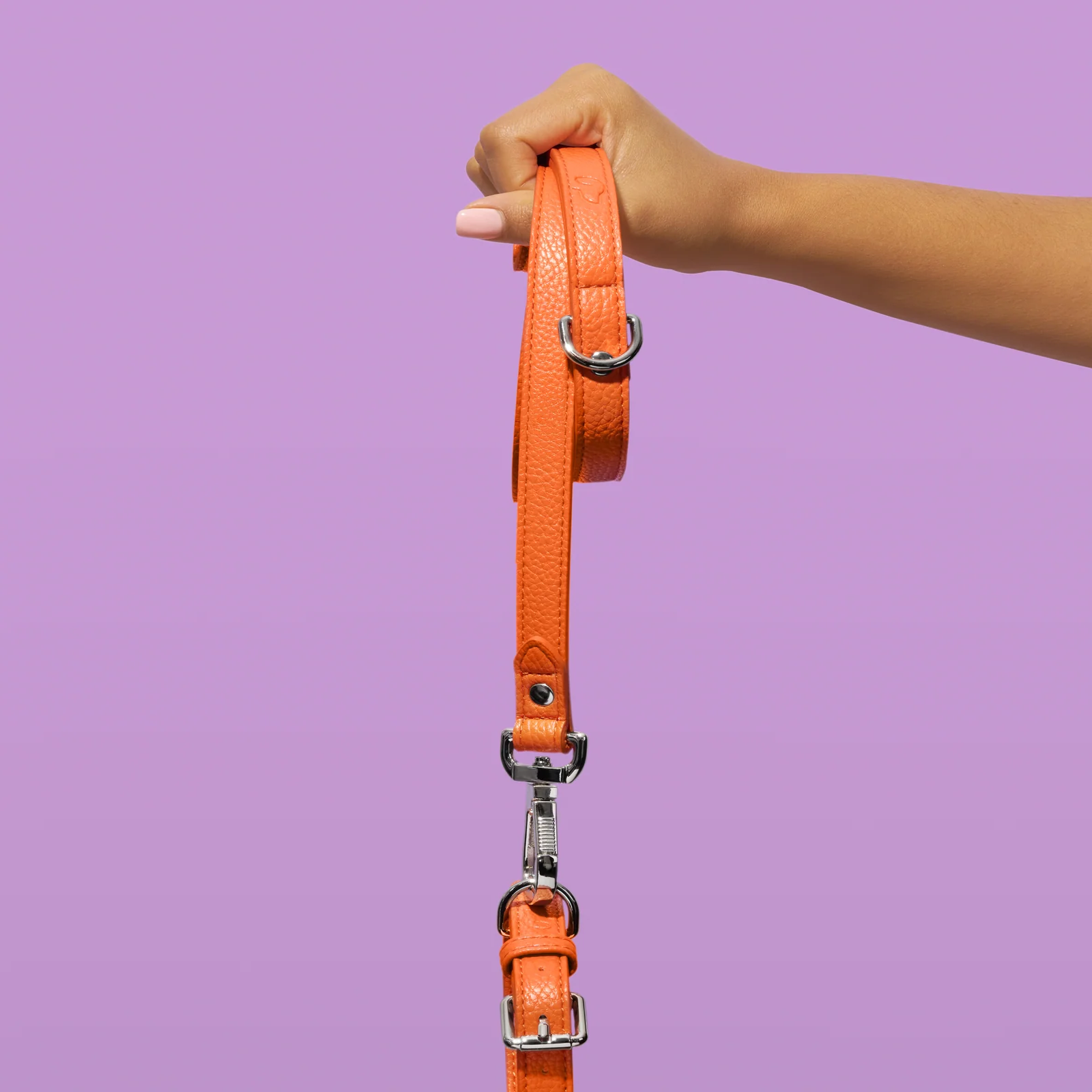 Hand holding an orange Truffle and Paw leather lead against lilac.