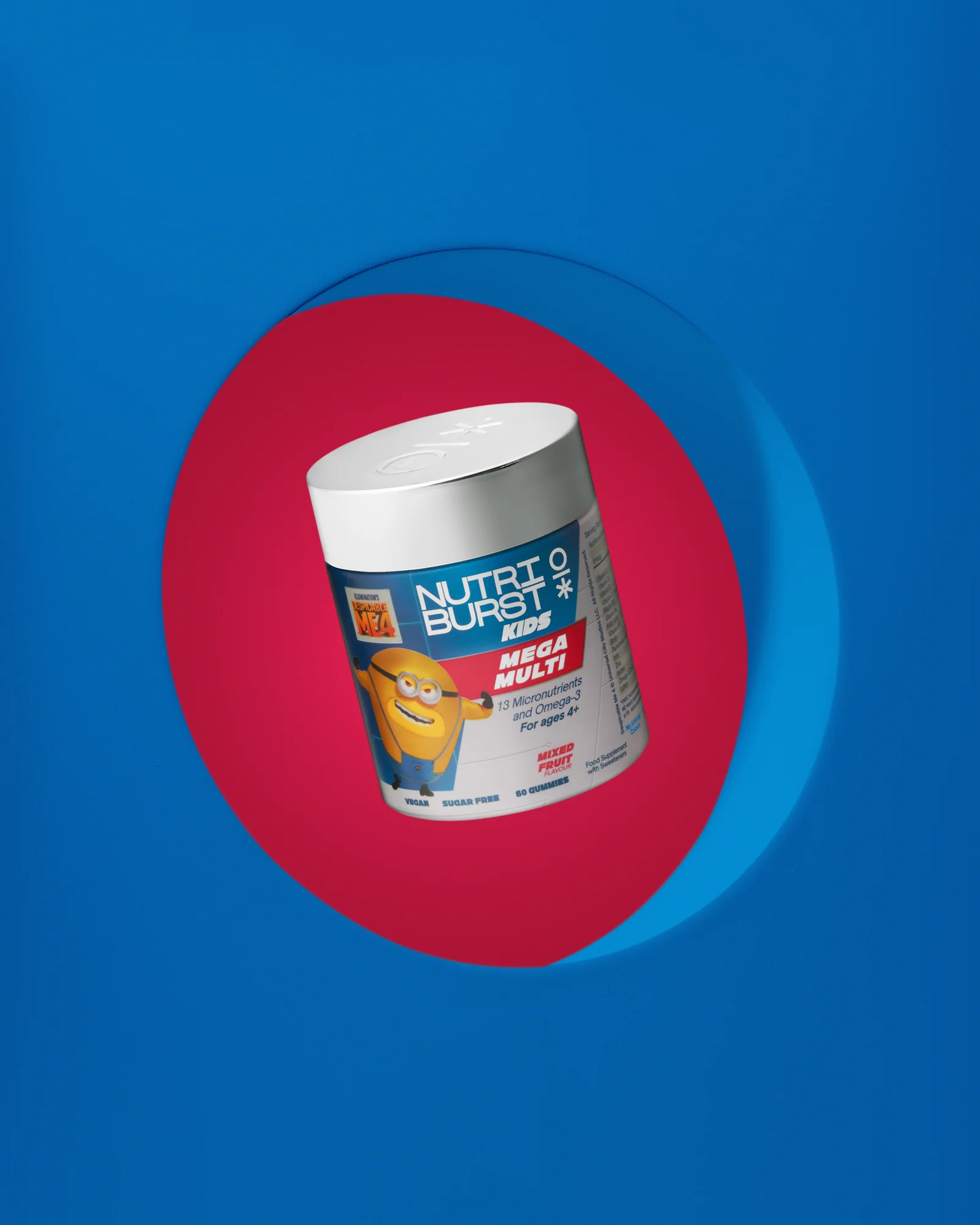 Angled Nutriburst jar in a red-and-blue circular set.