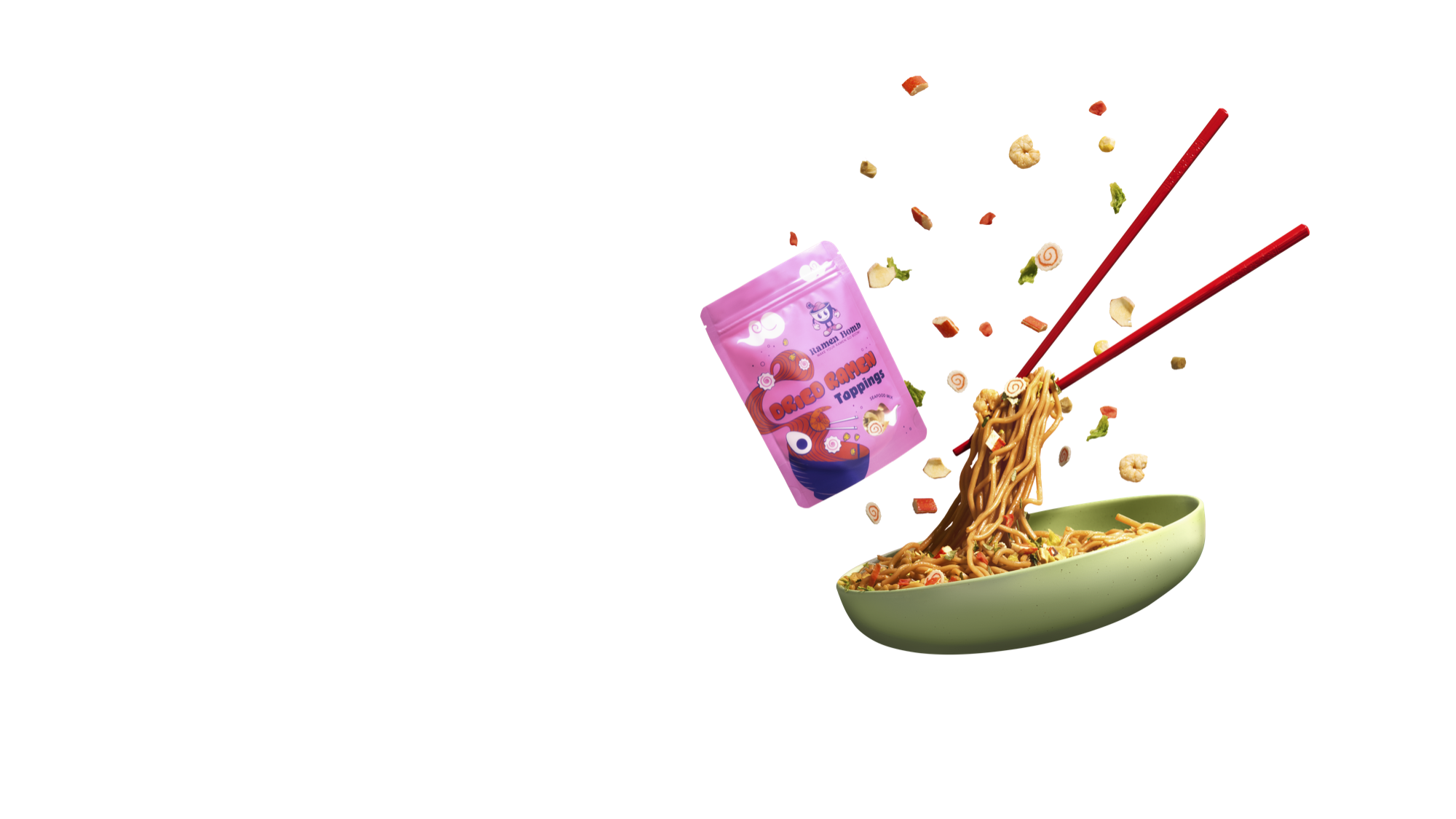 Ramen Bomb noodles, packaging and floating toppings on a purple and pink background.