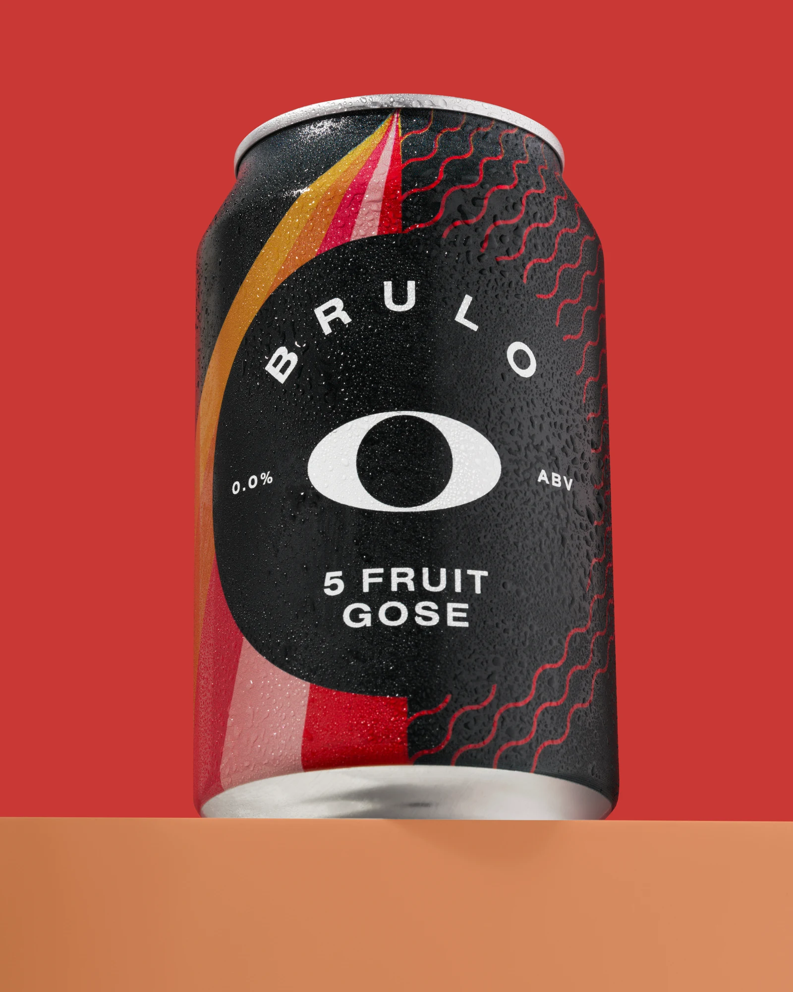 Brulo 5 Fruit Gose can above an orange platform against a red background.
