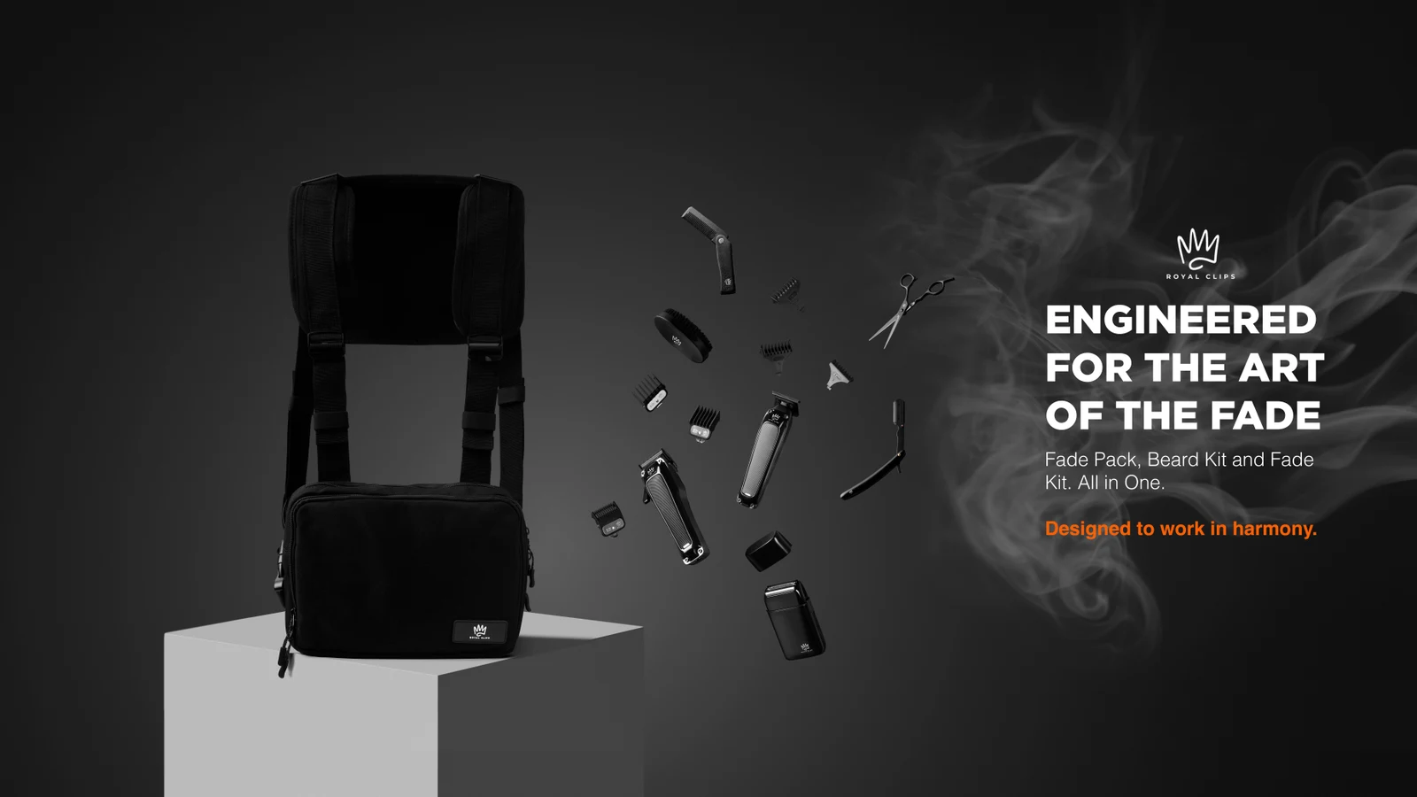 Dark grooming campaign layout with a black case and floating accessories beside the headline Engineered for the Art of the Fade.