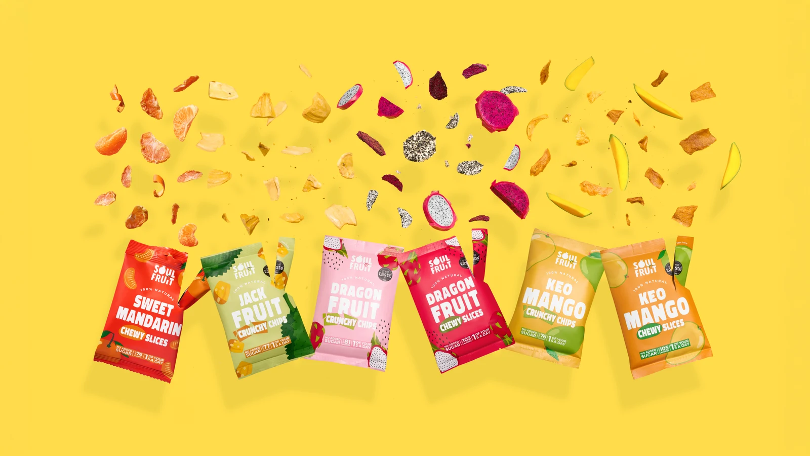 Colourful Soul Fruit snack packets with fruit pieces suspended across a yellow background.