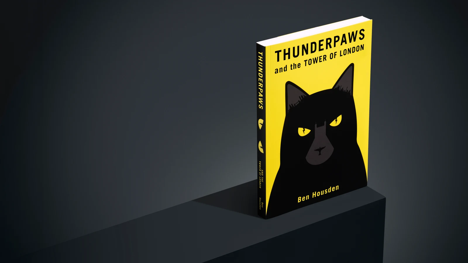 Yellow-and-black Thunderpaws and the Tower of London book on a dark geometric plinth.