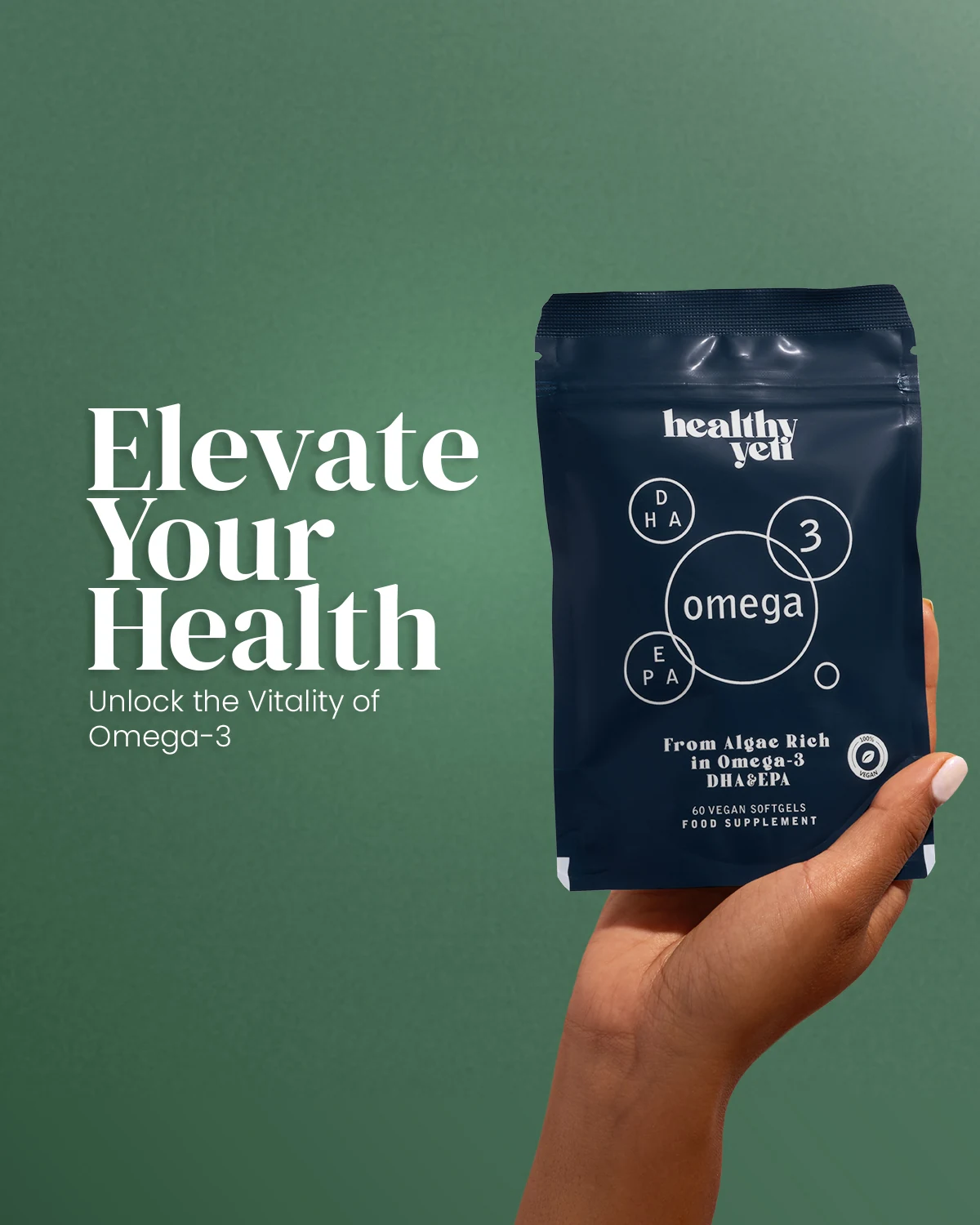 Hand holding a blue Healthy Yeti Omega 3 pouch against green, with the headline “Elevate Your Health”.