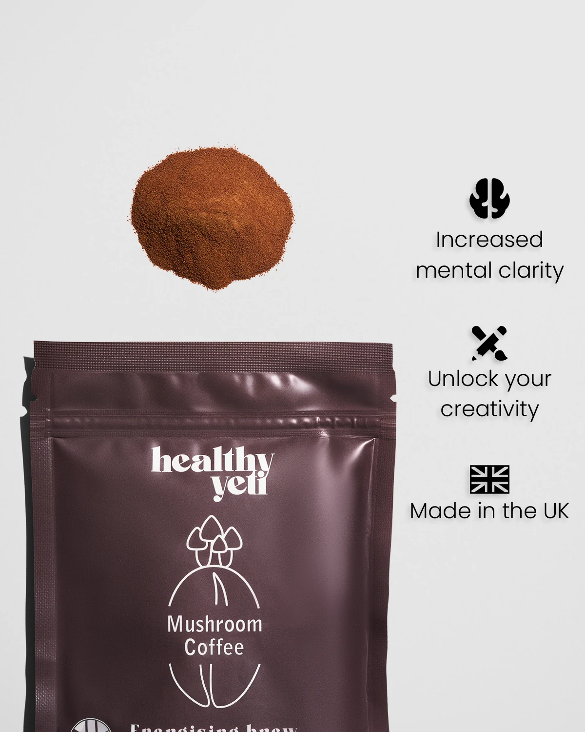 Healthy Yeti Mushroom Coffee pouch and powder beside icons labelled mental clarity, creativity and Made in the UK.