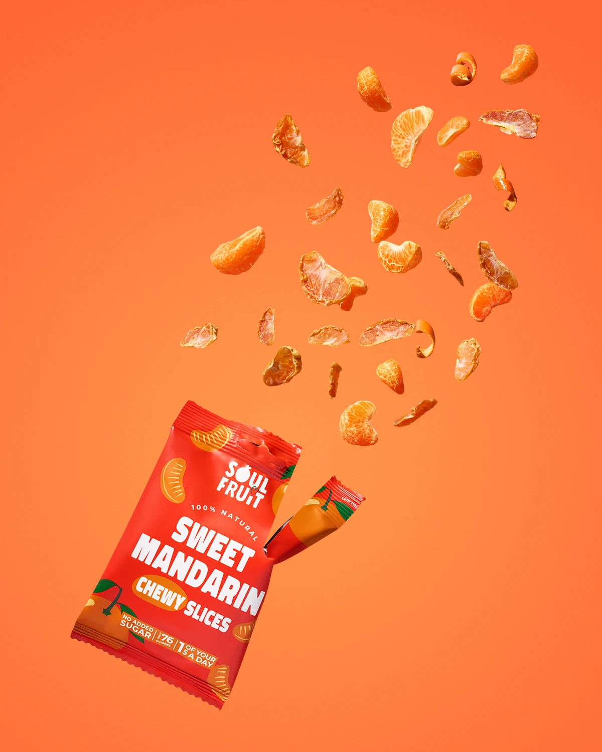 Open Soul Fruit Sweet Mandarin packet with fresh mandarin segments and dried slices bursting out against orange.