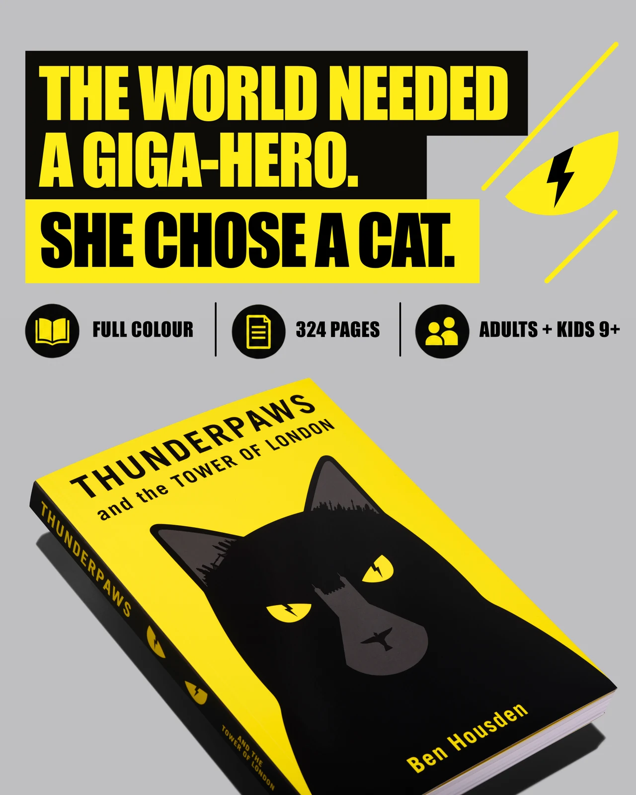 Thunderpaws book advert with a yellow-and-black cover and the headline “The world needed a giga-hero. She chose a cat.”