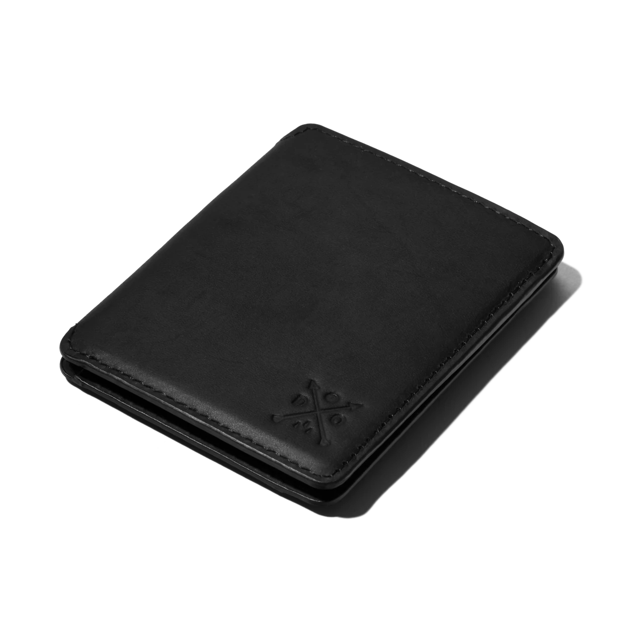 Double Oak black leather wallet photographed at an angle, showing its stitching and embossed mark.