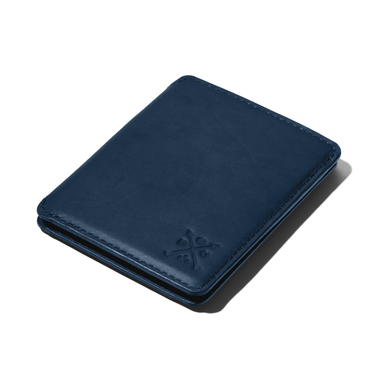Double Oak blue leather wallet photographed at an angle, showing its stitching and embossed mark.