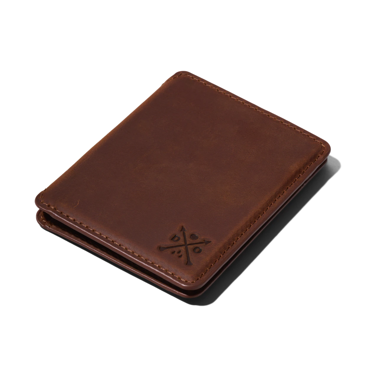 Double Oak brown leather wallet photographed at an angle, showing its stitching and embossed mark.