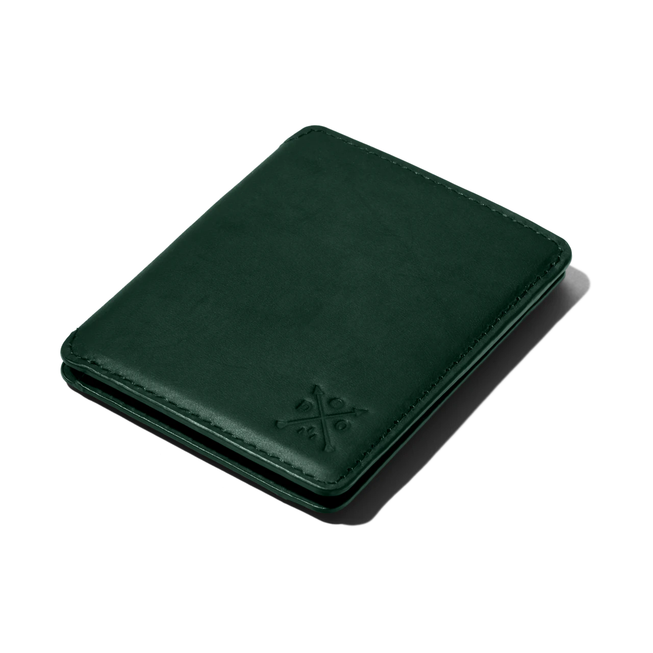 Double Oak green leather wallet photographed at an angle, showing its stitching and embossed mark.