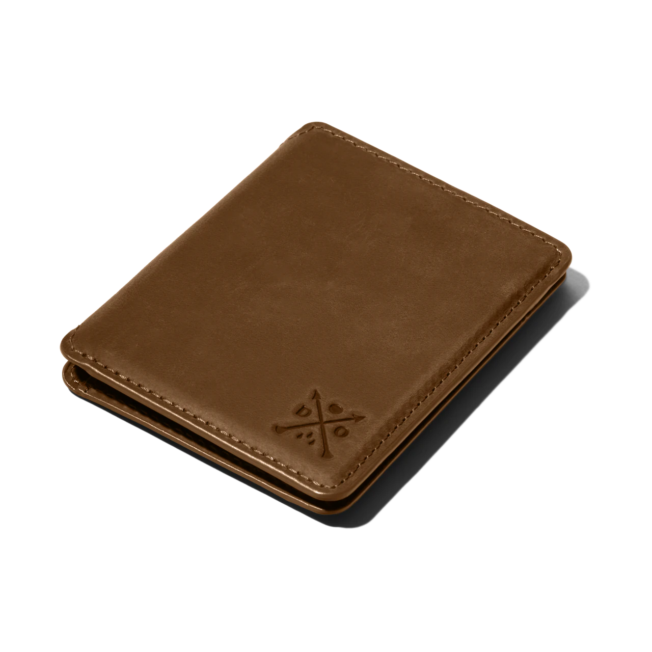 Double Oak light brown leather wallet photographed at an angle, showing its stitching and embossed mark.