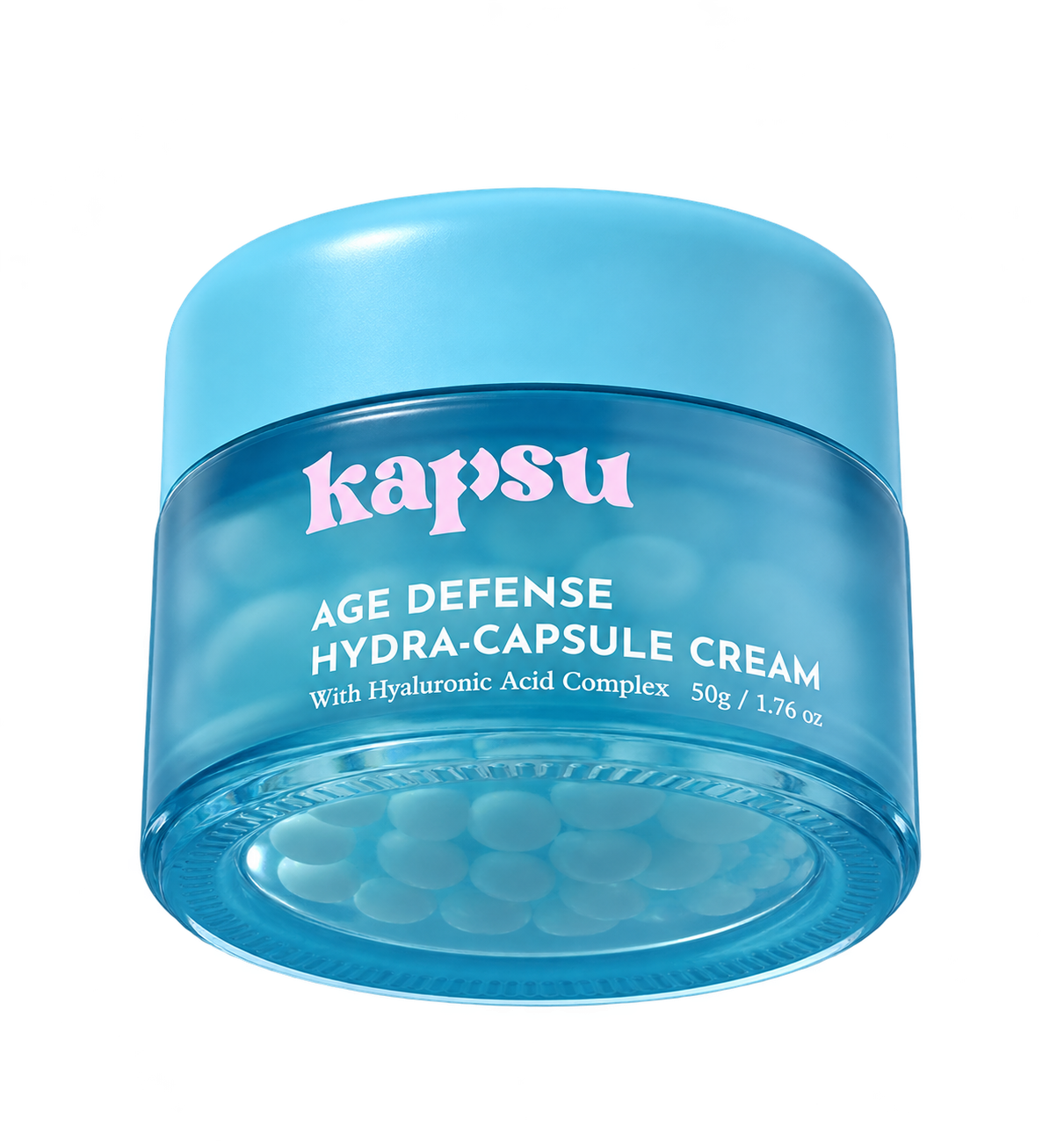 Blue Kapsu skincare jar with pink identity and white label text.