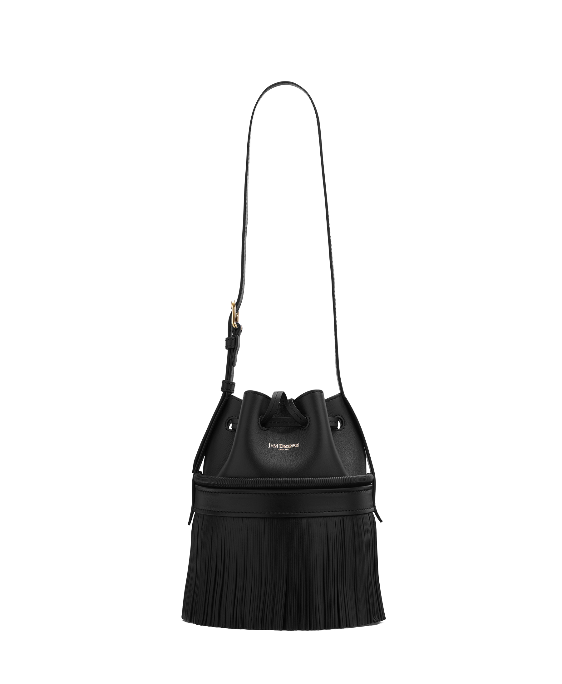 Black fringed J&M Davidson leather bag with its long shoulder strap.